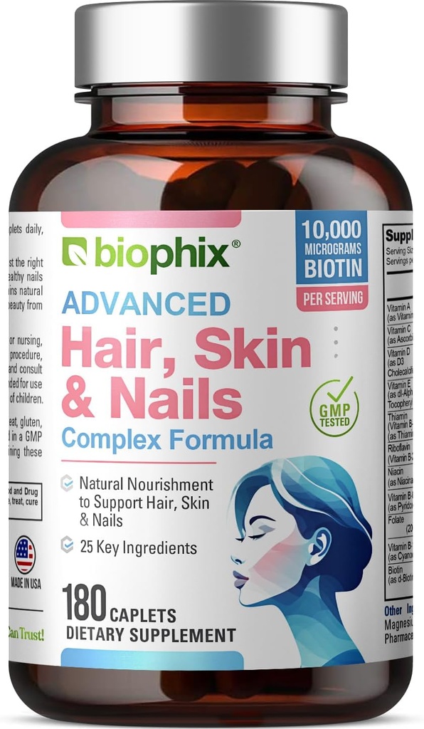 비스듬한 머리 피부 및 못 복잡한 180 모자lets 10,000 mcg Biotin - Multivitamin는 강한 못 아름다운 머리 건강한 시효를 지원합니다