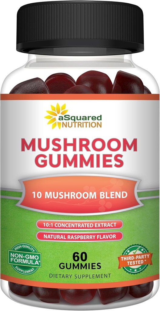 aSquared 영양 버섯 Gummies - 10x Complex 보충 - 사자 Mane, 터키 꼬리, Reishi, Cordyceps, Chaga - 에너지, 초점, 남성 및 여성을위한 면역 지원 - 분말, 캡슐 및 알약을 대체