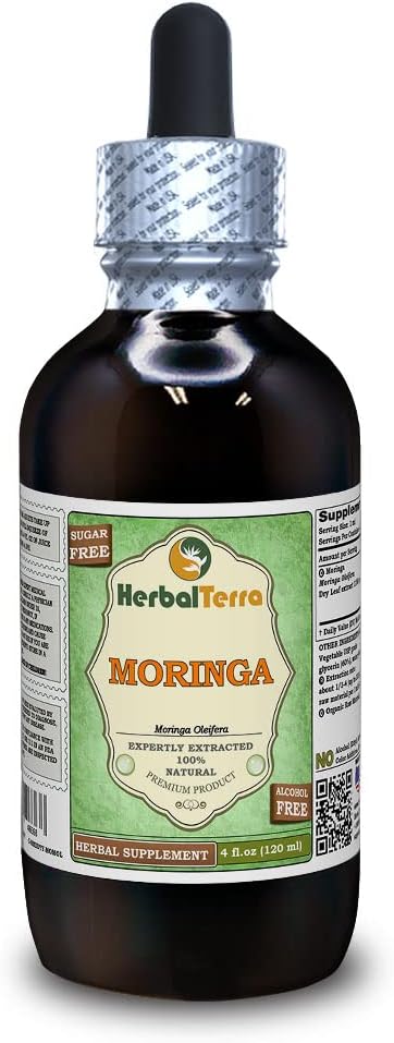 Moringa (Moringa Oleifera) Glycerite, 유기 건조 잎 분말 알코올 무료 액체 추출 (브랜드 이름: HerbalTerra, Proudly Made in USA) 4 fl.oz (120 ml)