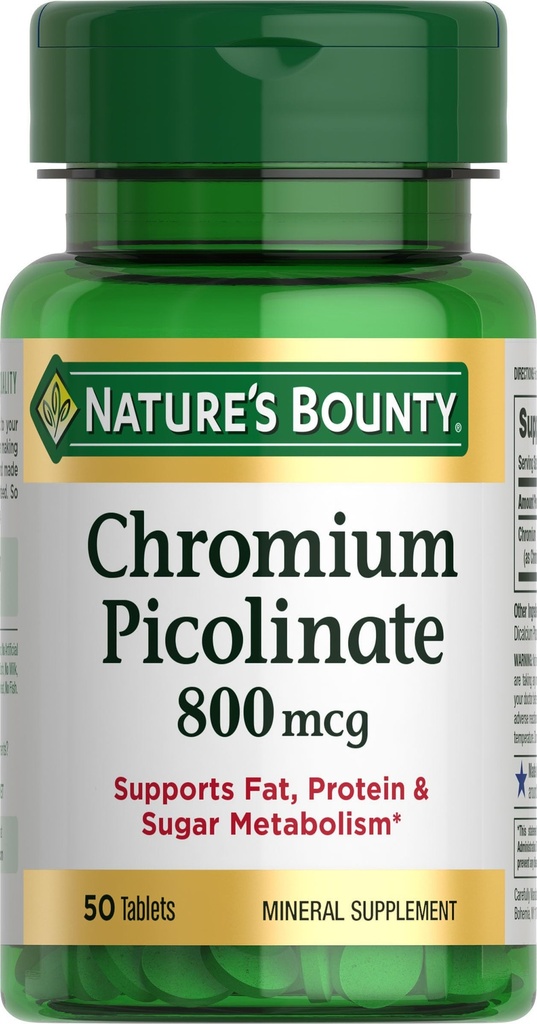 Nature's Bounty Chromium Picolinate는, 지방, 단백질 & 설탕 대사, 무기물 보충교재, 800 mcg, 50의 정제를 지원합니다