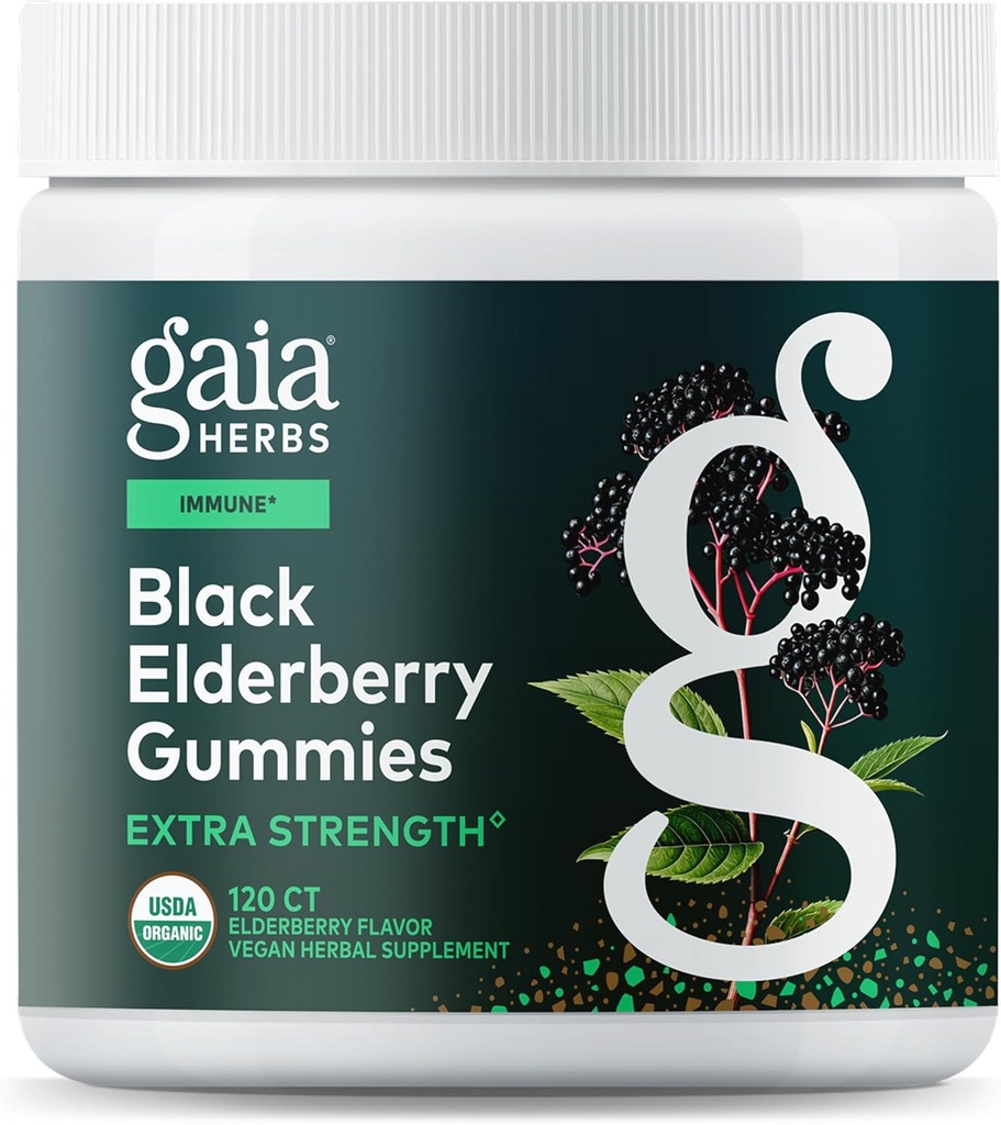 Gaia Herbs Black Elderberry (Sambucus nigra) Extra Strength Gummies - Delicious Immune Support Supplement * - Immune System Support * - 120 Gummies에 대한 인증 유기농 블랙 엘더 베리로 제작