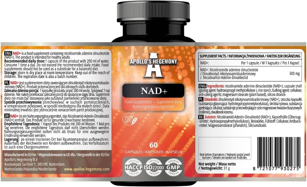 APOLLO'S HEGEMONY NAD + 300 mg - 비타민 B3-60 Vegan 캡슐의 효소 형태 - 2 개월 공급 - Nicotinamide Adenine Dinucleotide 다이어트 보충