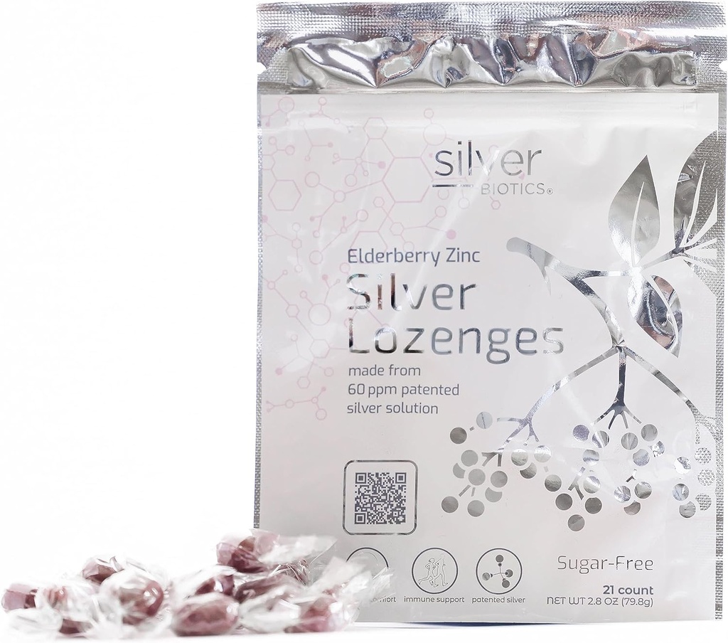 실버 바이오틱 설탕 무료 콜로이드 실버 루젠지 | 60 ppm 실버솔 | 면역 지원 + 스로트 소싱 컴포트 | Elderberry Zinc | 21 Count