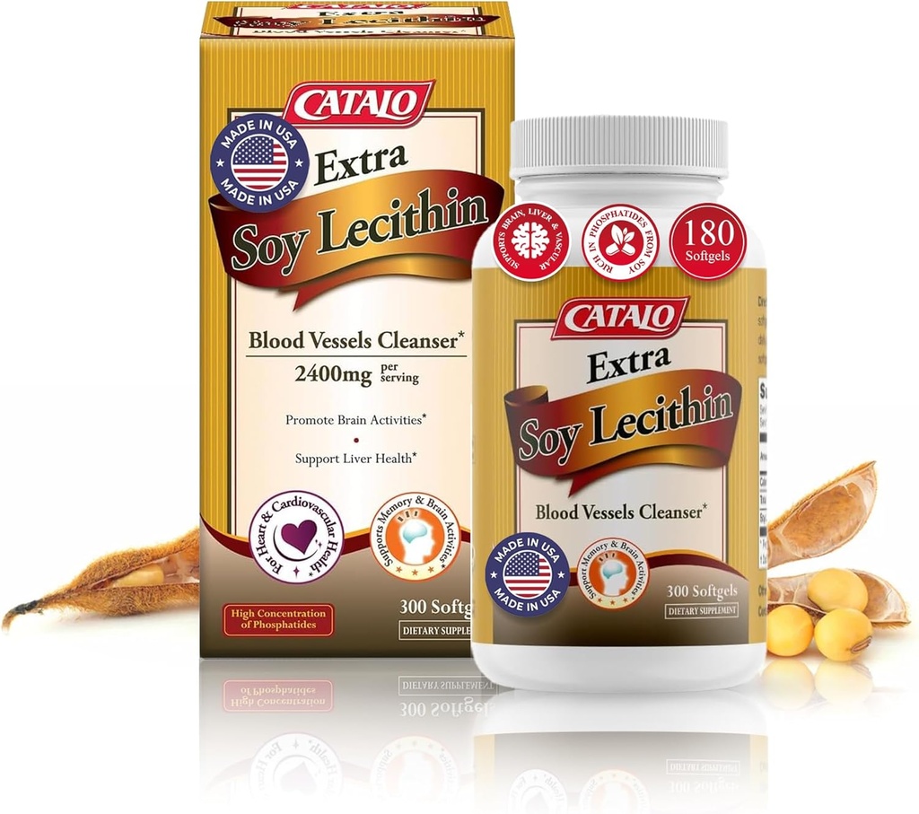 CATALO Extra Soy Lecithin 캡슐 - 혈관 건강, 뇌 기능 및 간결 웰빙 - 성인을위한 Soy Lecithin 보충, 300 Softgels