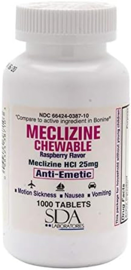 SDA LABORATORIES Meclizine Chewable Tablets, 25mg, Anti-Emetic, Raspberry flavor, Motion Sickness & Vertigo Relief for Nausea, Dizziness 및 Vomiting, 1000 카운트 (1 팩)