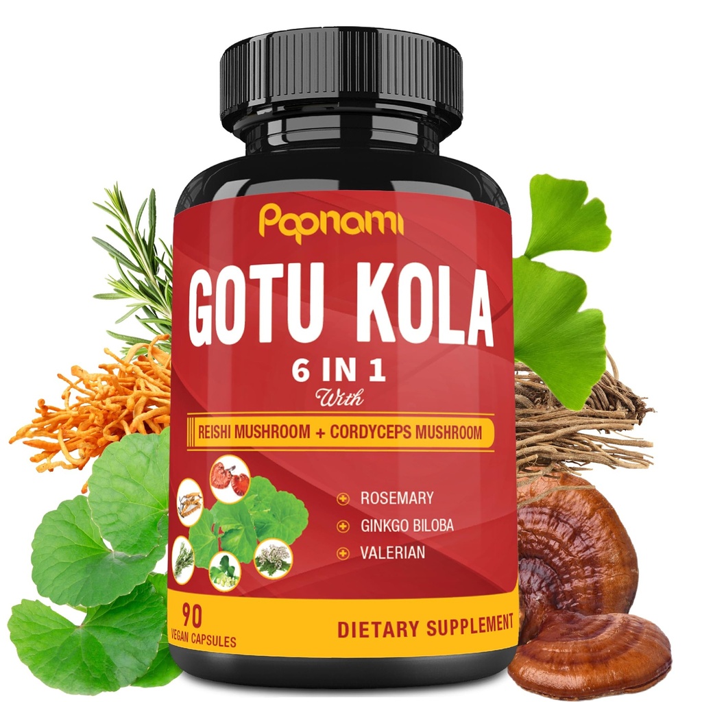 Reishi, Cordyceps, Rosemary, Gingko Biloba & Valerian Root와 유기 Gotu Kola 추출물 캡슐 - 3 개월 동안 90 카운트 - 뇌, 면역, 피부 및 심장 건강 지원