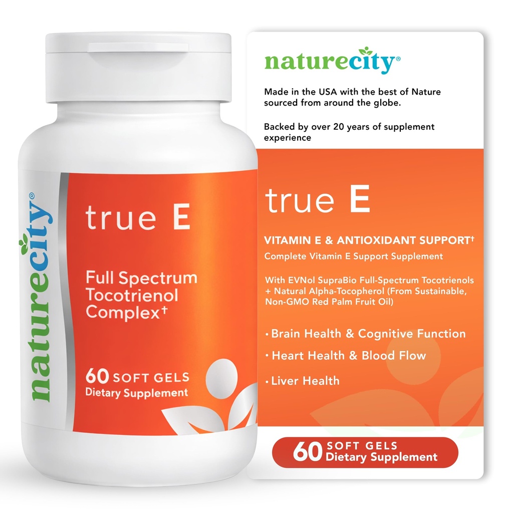 NatureCity True-E Full Spectrum Tocotrienols Vitamin E & Natural Alpha Tocopherol Supplement | Evnol Suprabio의 지속 가능한 비타민 E Tocotrienol | Non-GMO Vitamin E Complex | 60 소프트 젤
