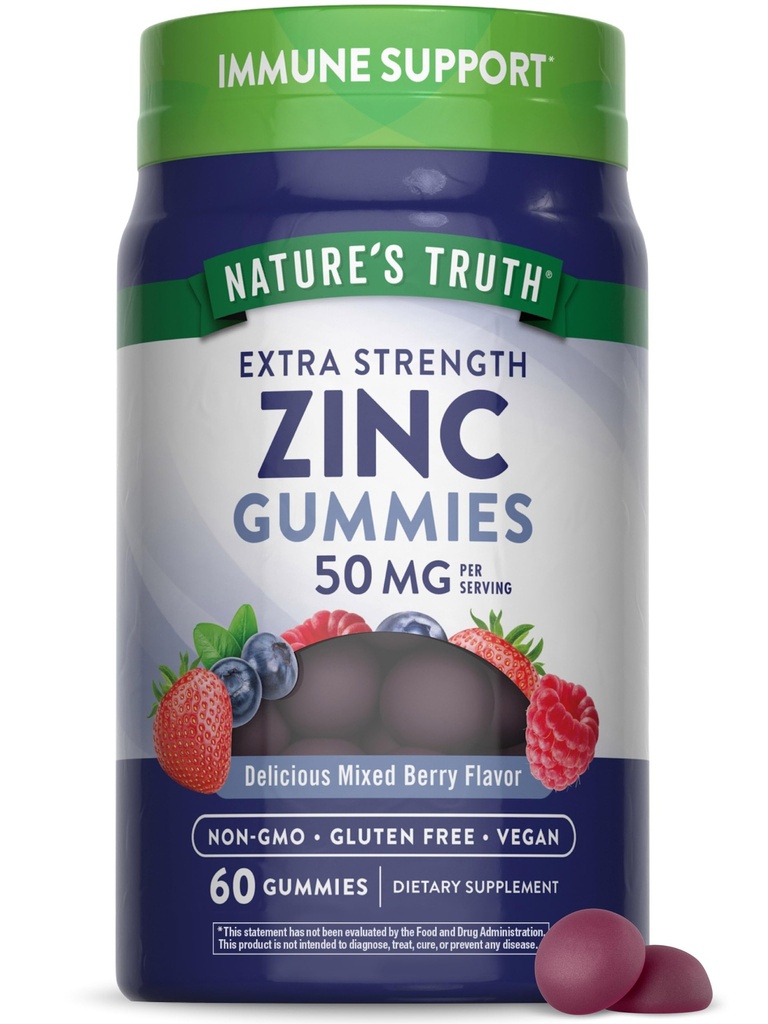 성인용 Nature's Truth Zinc Gummies | 50 mg | 60 Count | Vegan, Non-GMO & Gluten Free Extra Strength Supplement | 혼합 베리 맛