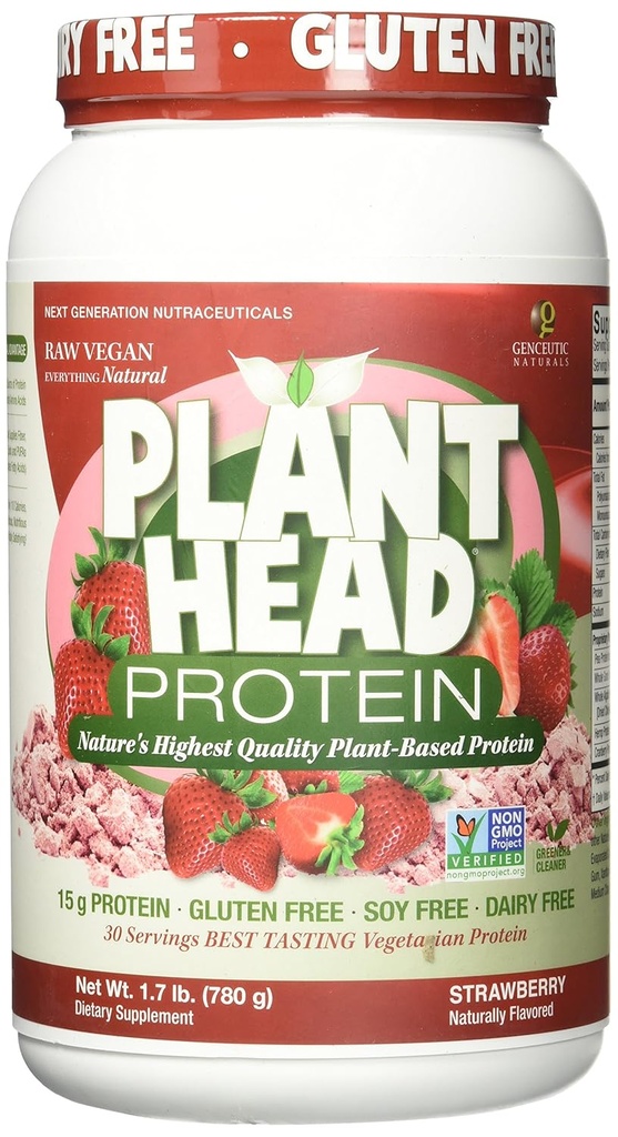 Genceutic Naturals Plant Head Protein Naturally flavored Best Tasting Strawberry Raw Vegan Vegetarian Protein Dietary Supplement Gluten Soy Dairy GMO Free - 30 서빙 (1.8 파운드)