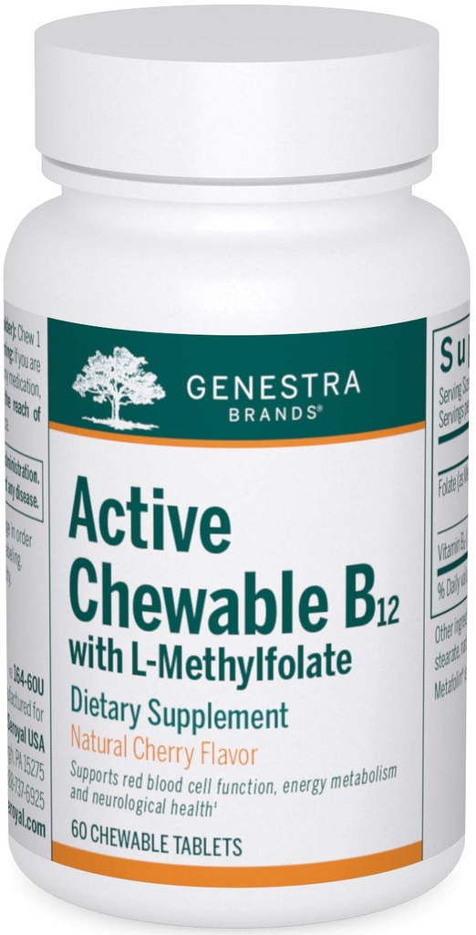 Genestra 상표 L-Methylfolate를 가진 활동적인 Chewable B12 | Chewable 비타민 B12와 Folate 보충교재 | 60 Chewable 정제 | 자연적인 체리 풍미