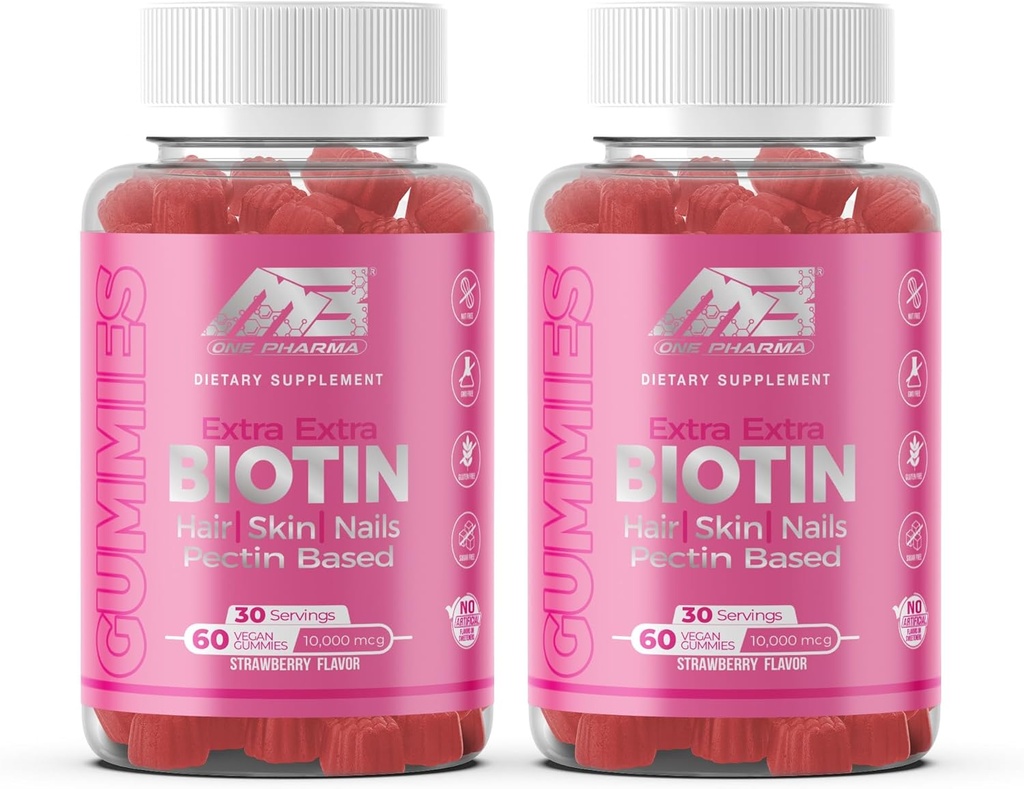 MB 1 Biotin Gummies-High Potency-Healthy Hair, 피부와 손톱 강화, 비타민 B7, (10000 Mcg) Non-GMO, Pectin Plant 기반, 어린이 및 성인, 딸기 천연 향 2 팩