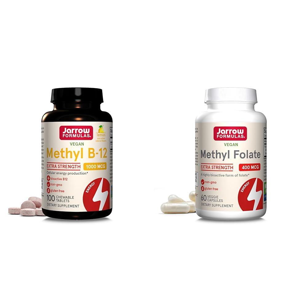 Jarrow 메틸 B-12 1000mcg 100 Chewables & 메틸 Folate 400mcg 60 Veggie 캡슐은 세포 에너지, 뇌, 심장 혈관 & Neurologic 건강 지원을 위해 묶습니다