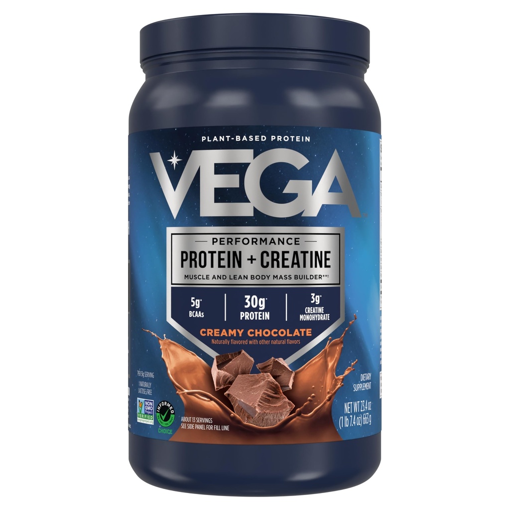 Vega Protein + Creatine - 30g 식물 기반 단백질, 초콜릿, 13 서빙, 3g Creatine, 5g BCAAs, Vegan, Keto, 글루텐 무료, Dairy 무료, 근육 성장 및 수리, 음료 혼합, 23.4oz
