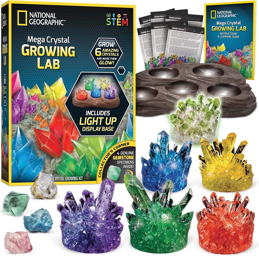 National Geographic Mega Crystal Growing Kit - Light-Up Stand, Kids 8-12의 과학 선물과 6 가지 결정