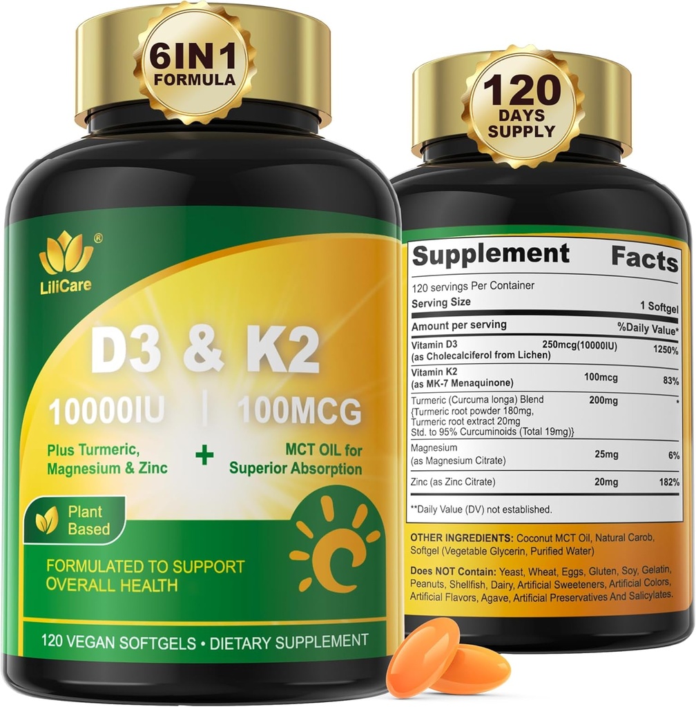 비타민 D3 10000 IU 플러스 K2 (MK-7) 100mcg, 심황을 가진 Vegan 비타민 D3 K2, 마그네슘 & 칼슘 흡수를 위한 아연, 뼈 & 면역력, 높은 흡수를 위한 야자유, 삼키기에 쉬운 120 Cts