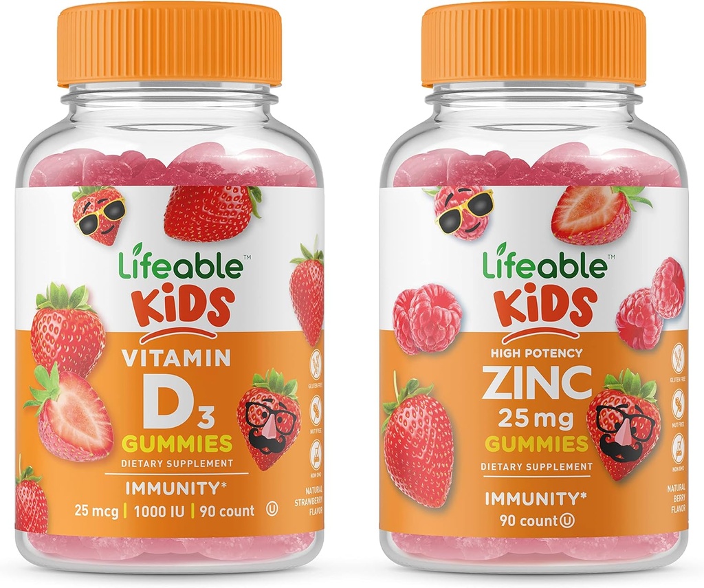 Lifeable 아연 25mg 어린이 + 비타민 D 어린이, Gummies 번들 - 훌륭한 타스팅, 비타민 보충, 글루텐 무료, GMO 무료, Chewable Gummy