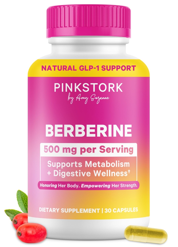 핑크 Stork Berberine 500mg - 자연의 GLP-1 보충 - 매일 AMPK 대사 활성제 - 여성 500-1000 mg Metabolism + Gut 건강 | 세 번째 파트 테스트 | Vegan | Non-GMO| 30 캡슐