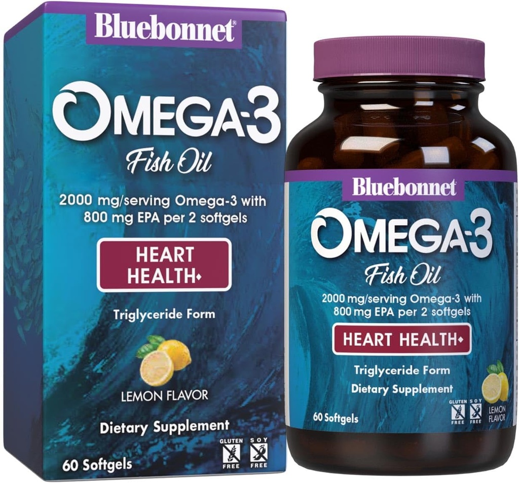 Bluebonnet 영양 오메가-3 심장 공식 자연적인 야생 잡힌 Triglyceride 모양 DHA 600 mg EPA 800 mg - 높게 집중된 심장 건강 지원 보충교재 - 글루텐 자유로운 - 60 Softgel