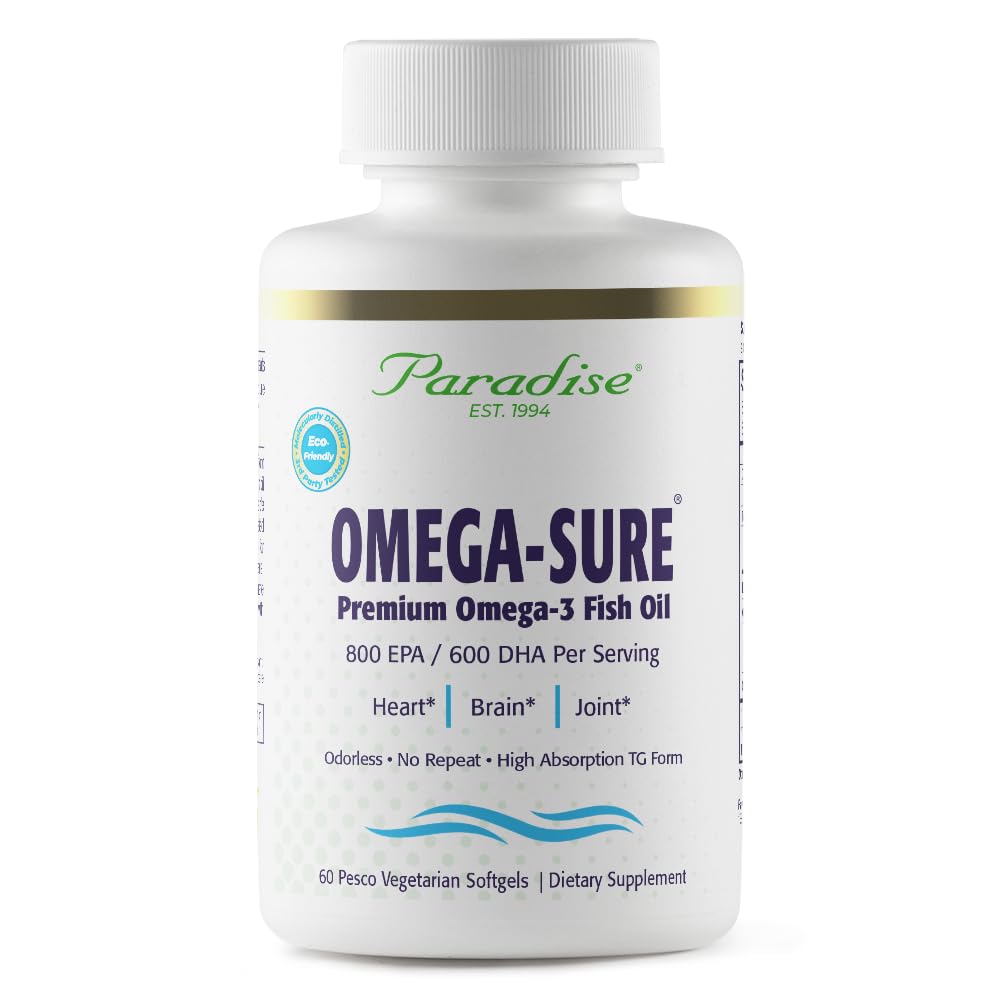 Paradise Herbs Omega-Sure, Omega-3 농축물, 프리미엄 생선 기름, DHA, EPA, Vegan, 비 GMO, 글루텐, 60 카운트 채식 Softgels