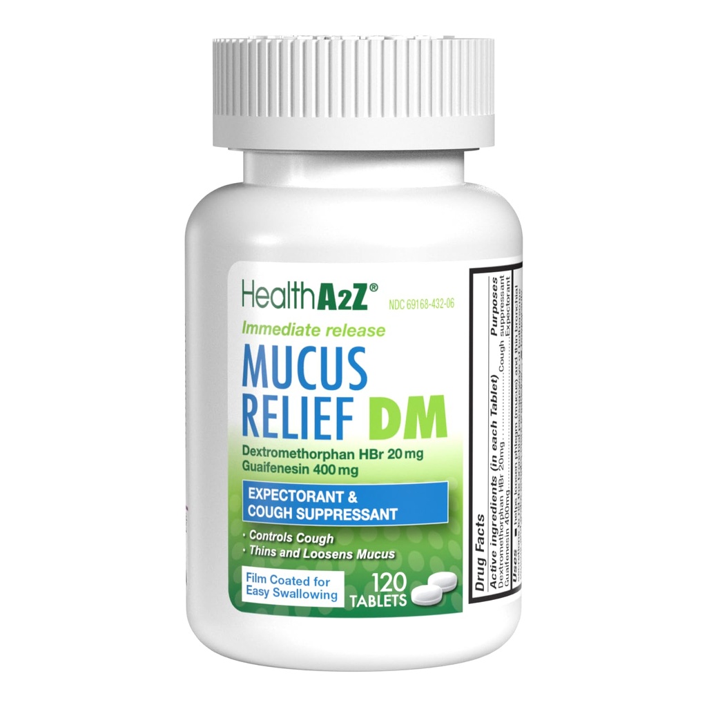HealthA2Z® Mucus Relief DM | Dextromethorphan HBr 20mg | Guaifenesin 400mg | 벤젠 | 기침, Immediate 릴리스, Uncoated (120 개)