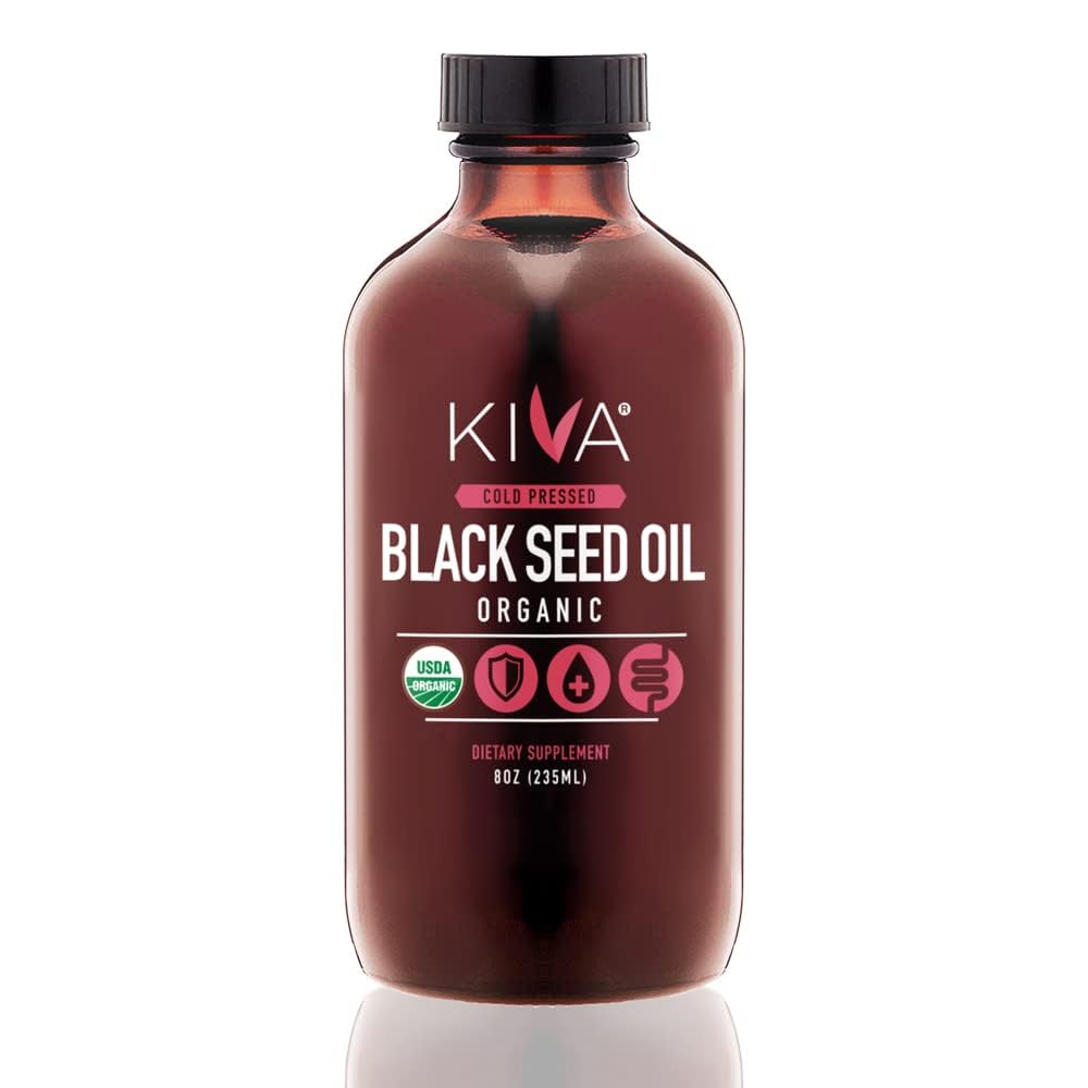 Kiva Organic Black Seed Oil - 매우 높은 3X Thymoquinone (TQ), 냉간 압력, 100 % 터키 Nigella Sativa Seed Oil, 모든 자연 비 GMO 보충 - Vegan, 8 oz (235 ml) 유리 병