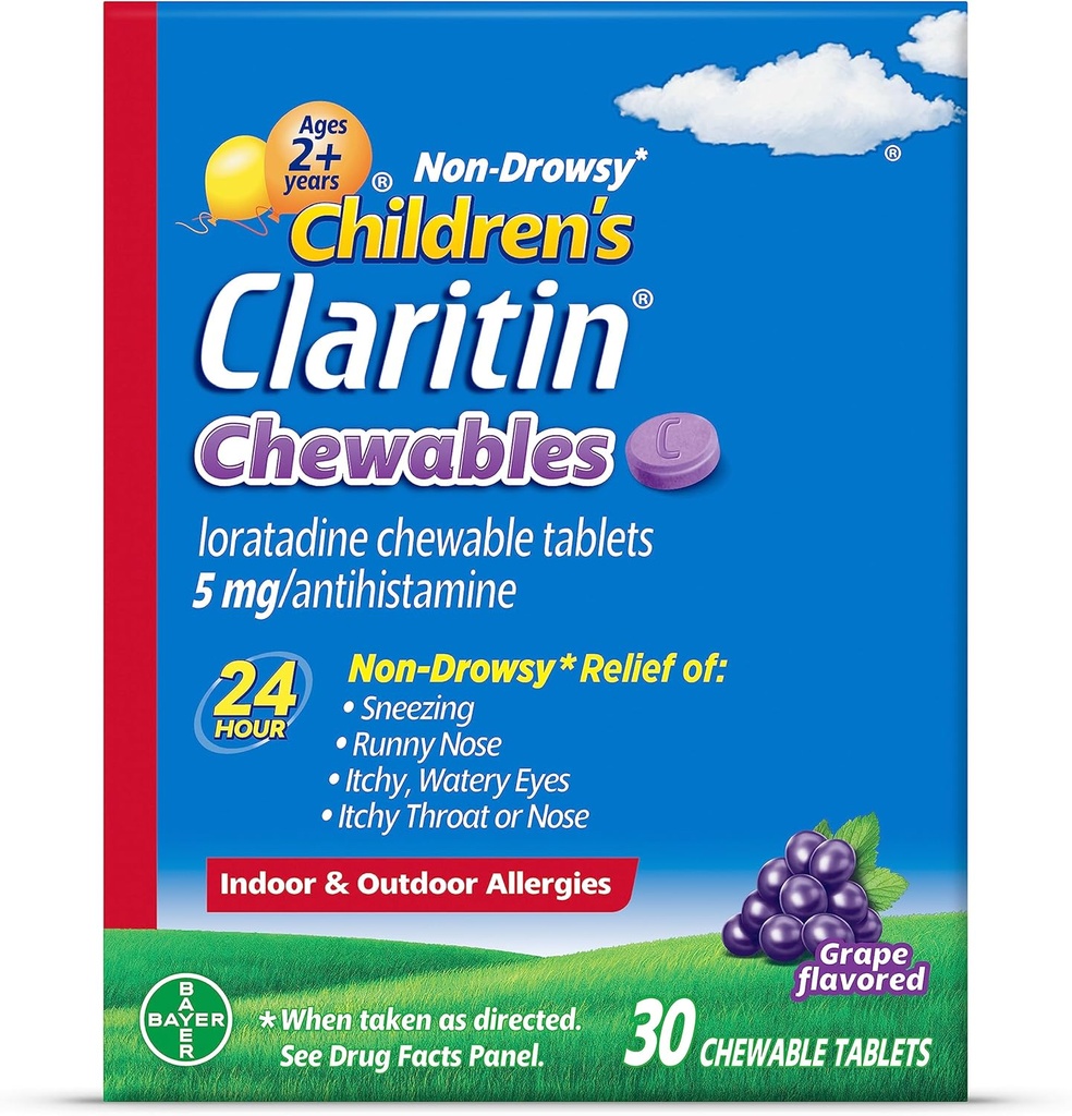 아이들의 Claritin Chewables 24 시간 알레르기 기복, 비 Drowsy 아이 알레르기 약, 포도 Antihistamine Chewable 정제, 30 조사