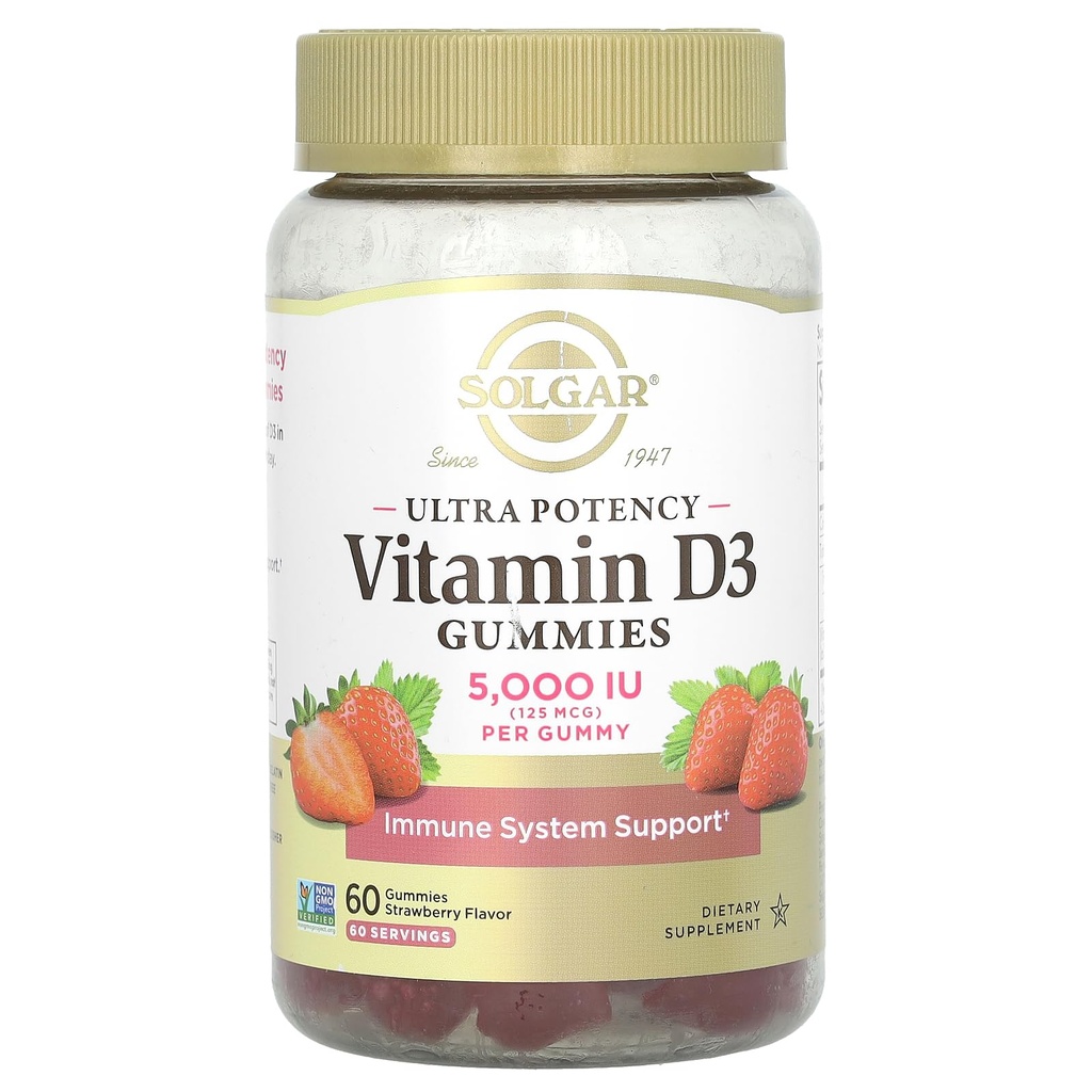 Solgar Vitamin D3 Gummies for Adults 5,000IU Ultra Potency Vitamin Immune System Support for Women & Men - 맛있는 딸기 맛, 글루텐 & 젤라틴 무료 거미, 2 개월 공급, 60 서빙, 2g Sugar