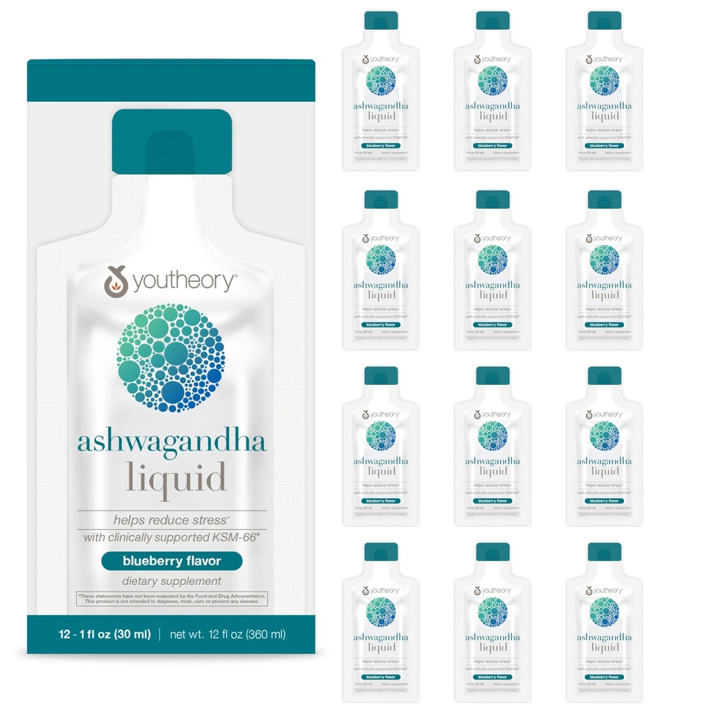 Youtheory Ashwagandha Liquid - 유기 KSM-66 사용 - 에너지 레벨 및 스트레스 완화 지원 허브 혼합 * - 12 단일 조각 패킷 (12 일 공급)