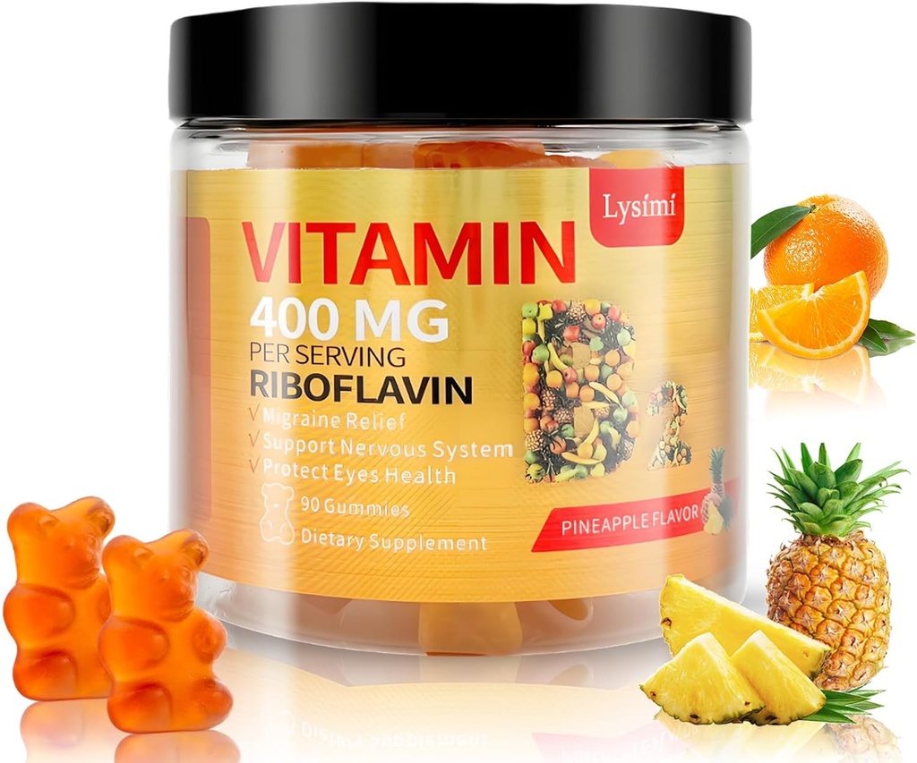 비타민 B2 Gummies, 비타민 B2 Riboflavin Gummies 마그네슘과 400mg & Coq10, Migraine Relief & Headache Relief, 어린이를위한 & 성인, 90 Chewable Gummies (1)