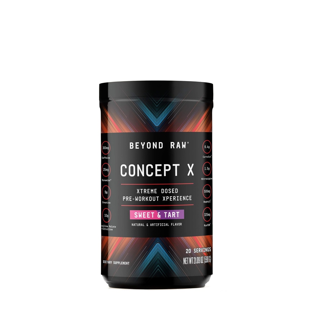 BEYOND RAW Concept X, 임상적으로 투약된 전 운동 분말, Caffeine, L-Citrulline, 크레아틴 및 베타 알라닌, 단 & 타트 풍미, 20의 서빙을 포함합니다