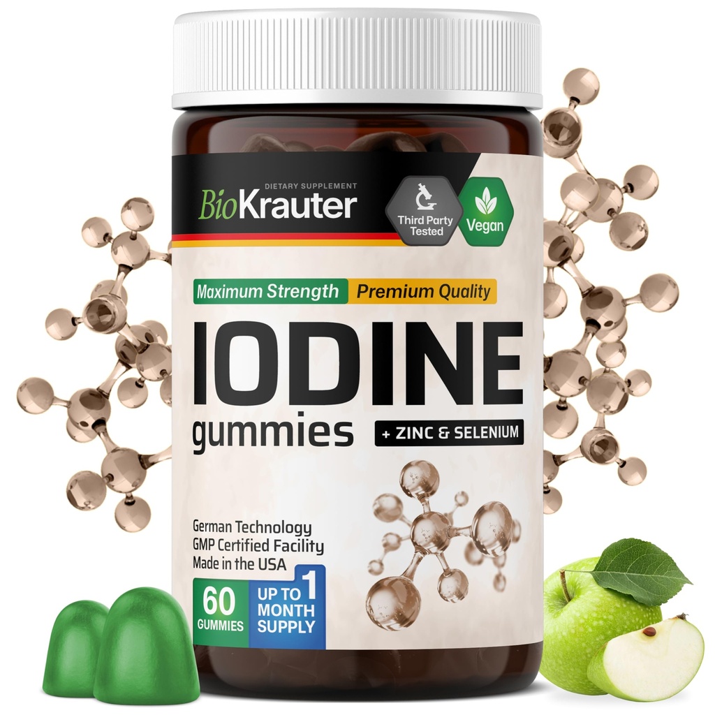 BIO KRAUTER Iodine Gummies - 60 Vegan Chews - 250 mcg 칼륨 Iodide - 셀레늄 Zink와 Iodine 보충 - Apple 풍미, Pectin 기반 Chews