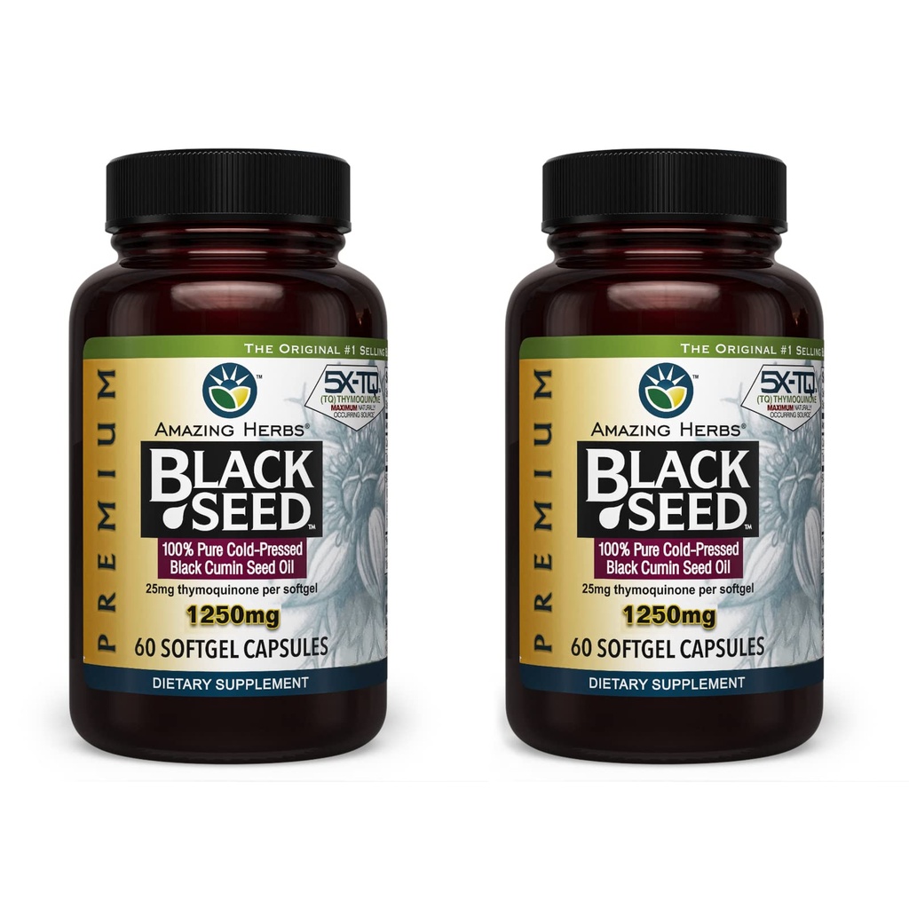 Amazing Herbs Premium Black Seed Oil Capsules - 높은 효능, 다이제스트 건강, 면역 지원 및 두뇌 기능에 대한 찬 압박 된 Nigella Sativa 보조 - 60 카운트, 1250mg (팩 2)
