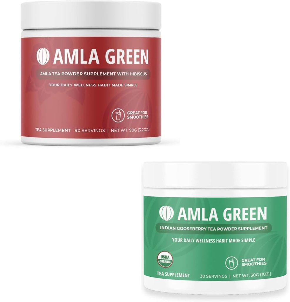 Amla Powder & Green Tea Superfood Supplement, 산화 방지제 지원, Hibiscus (90 서빙) 및 인도 Gooseberry (30 서빙), 유기, 비건