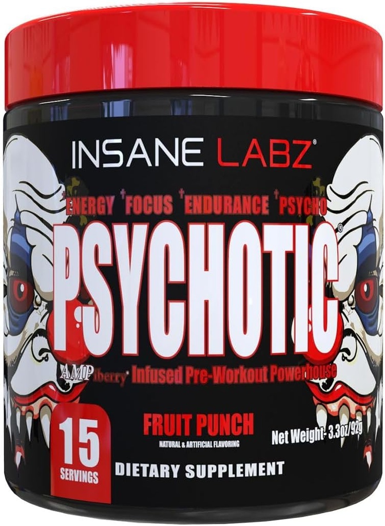 Insane Labz Psychotic, 높은 자극제 전 운동 분말, 극단적 인 Lasting 에너지, 초점 및 지구 베타 Alanine, 크레아틴 Monohydrate, DMAE, 15 Srvgs, 과일 펀치를 가진 내구시간