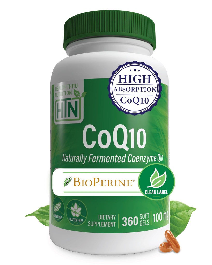 Health Thru Nutrition CoQ-10 100mg with BioPerine 360 Softgel | 높은 흡수 천연 발효 USP 급료 Coenzyme Q10 보충교재 | 제 3 자 시험 | 심장 건강 및 에너지 지원