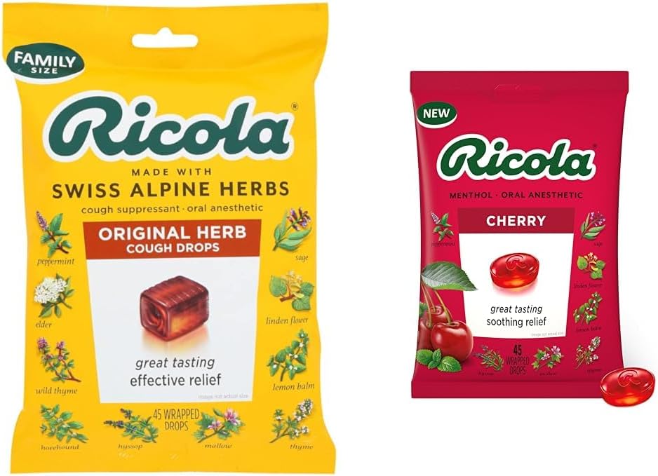 Ricola Original Natural Herb Cough Suppressant Throat Drops, 45 Drops, Fights Coughs Naturally, Soothes Throats, Naturally Soothing Relief & Cherry Throat Drops, 45 Counts