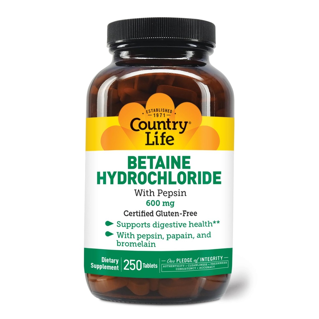 pepsin를 가진 국가 생활 베타인 염산염 600 mg - 250의 정제