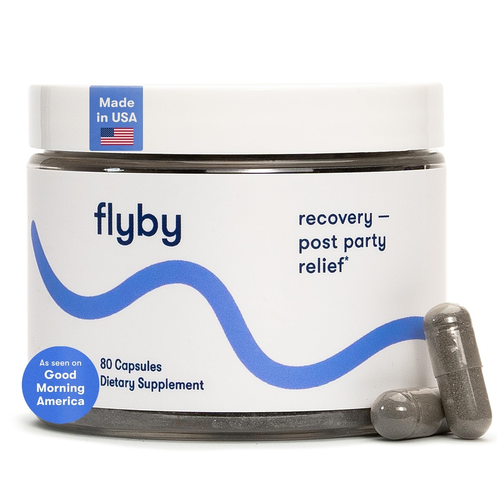 Flyby Recovery Supplement - 이상없이 모든 걸프! TM - 우유 이틀, 비타민 C, 활성화 숯, Apple Cider Vinegar - 사전 & 포스트 음주 공식 (80 개)