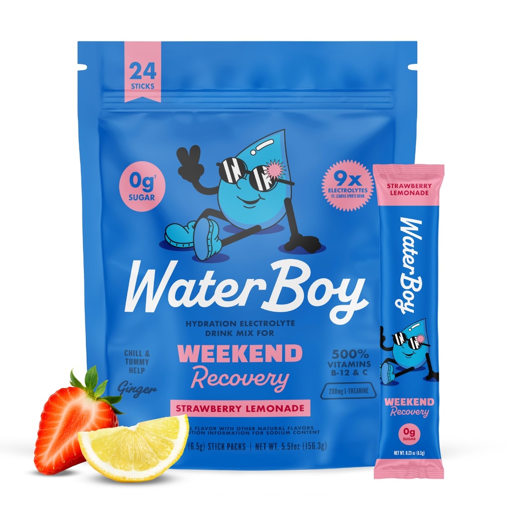Waterboy 주말 복구 | 3,200mg 전해질 분말 패킷 | 생강 + L-Theanine + 비타민 | 설탕 없음, 모든 자연, 글루텐 무료 | 24 음료 스틱 혼합 (딸기 레몬)