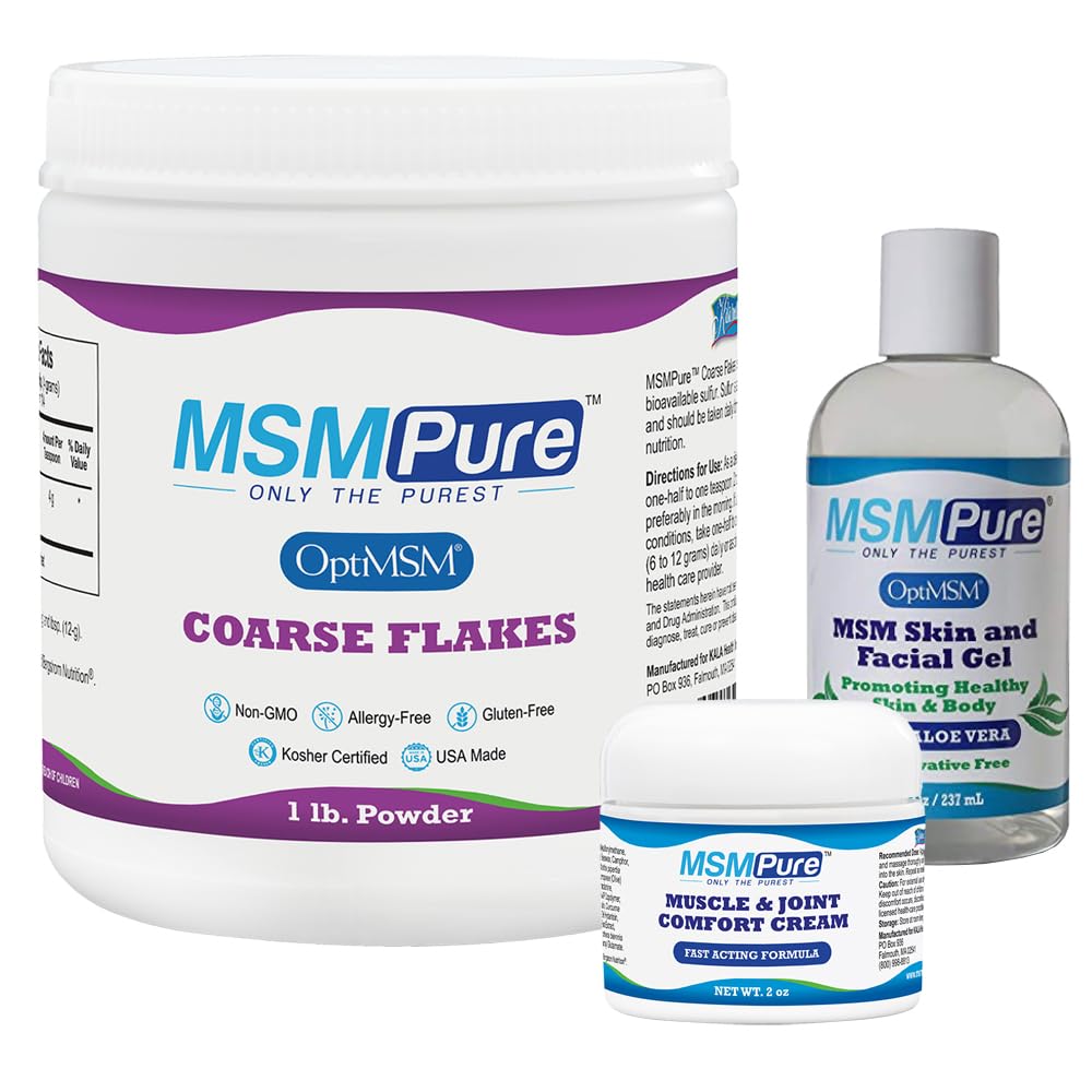 MSM Coarse Flakes 1lb, MSM 근육 & 합동 크림 2oz 및 유기 알로에 8oz를 가진 MSM 젤을 가진 KALA HEALTH MSMPure 시동기 뭉치