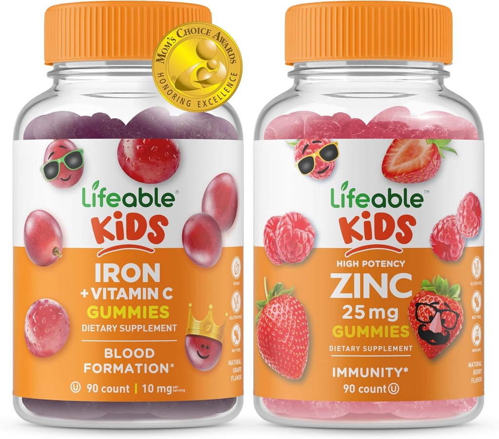 Lifeable Iron & Vitamin C Kids + 아연 50mg, Gummies 번들 - 훌륭한 타스팅, 비타민 보충, 글루텐 무료, GMO 무료, Chewable Gummy