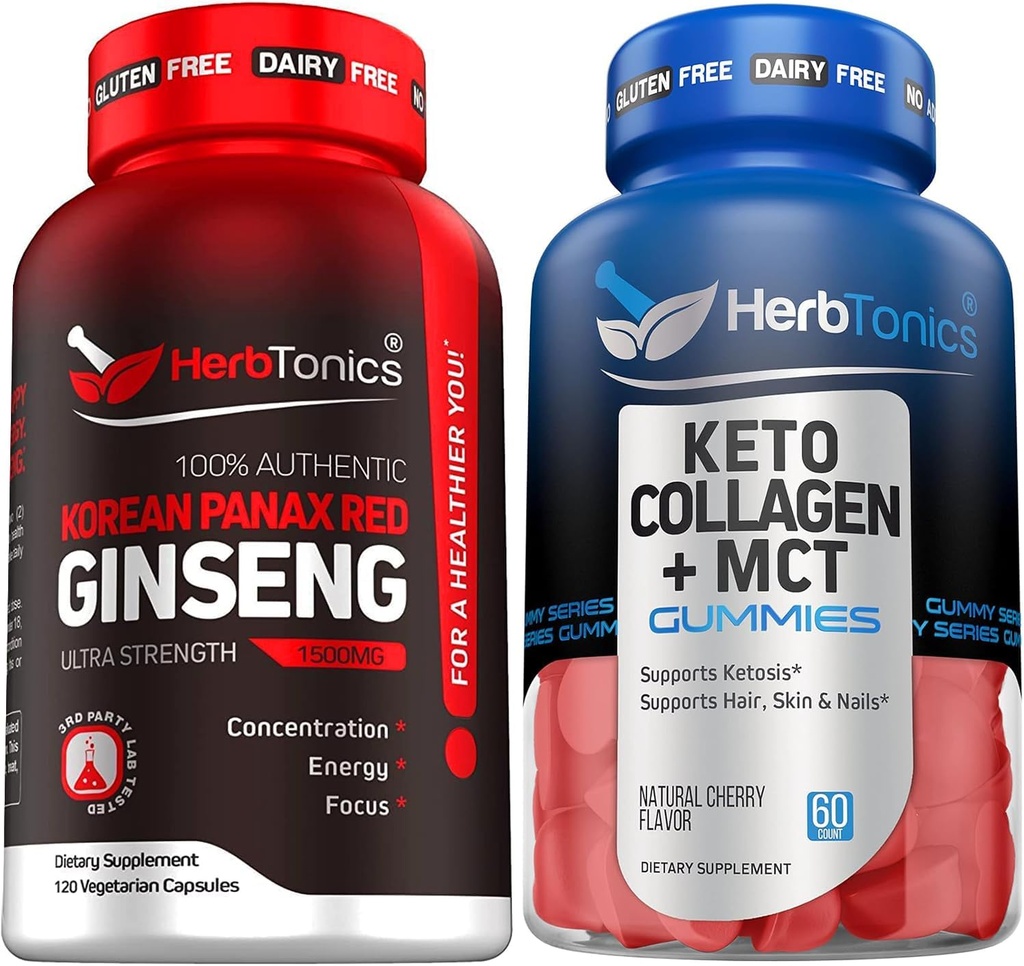 한국 빨간 Panax 인삼 1500mg - 에너지, 성능 및 남성 및 여성을위한 면역력 인삼 - MCT + Collagen의 Keto Gummies | Sugar Free | 노화 방지, 머리 성장 및 강한 손톱