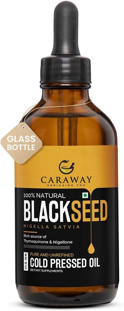 CARAWAY Organic Black Seed Oil - 냉간 보도 된 Nigella Sativa Oil - 순수하고 Unrefined - 면역 지원, 헤어 및 피부 관리를위한 Thymoquinone의 풍부한 | 유리 병