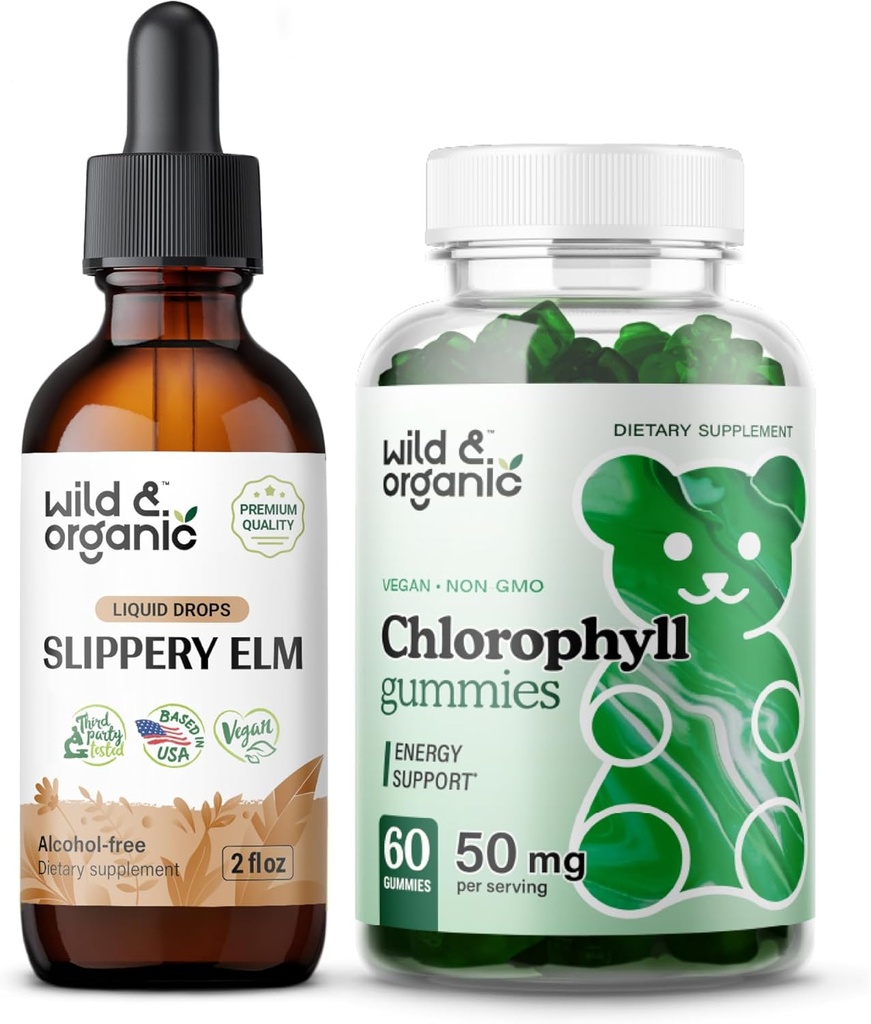 야생 & 유기 Slippery Elm Tincture 2 fl oz & Chlorophyll Gummies 60 Chews