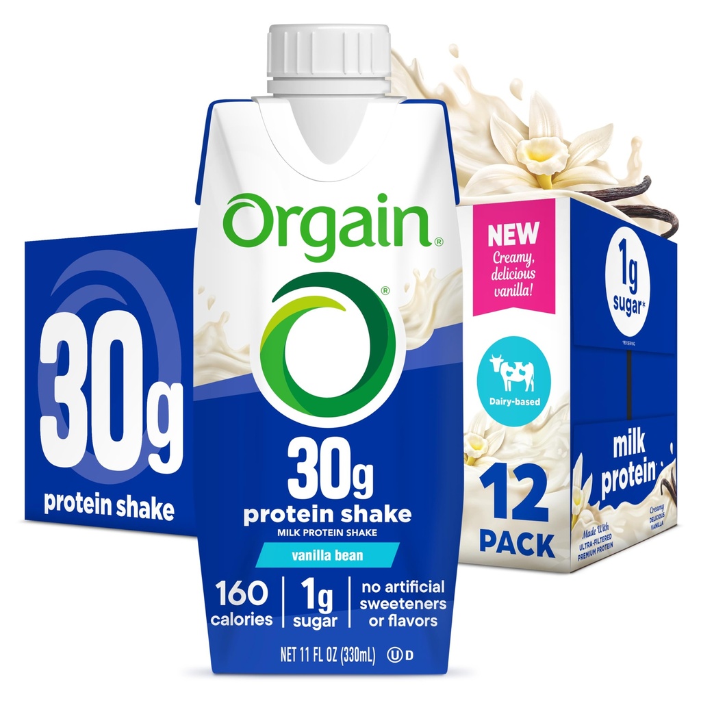 Orgain 30g 높은 단백질 Shake, Dairy Isolate 우유 단백질, 바닐라 콩, 5g BCAA, 1g 설탕, 식사 교체, 음료 준비, Keto 친절, 글루텐 - 무료 11 Fl Oz (12의 포장)