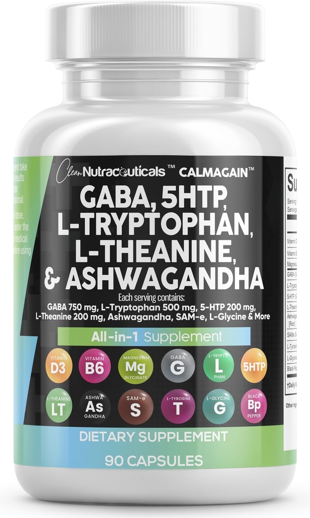 청결한 Nutraceuticals GABA 750mg 5 HTP 200mg L 트립토판 500mg L Theanine 200mg Ashwagandha SAM-e L-Glycine - L-Tyrosine 5-HTP (5-Hydroxytryptophan)를 가진 여자와 남자를 위한 무담 지원 비타민