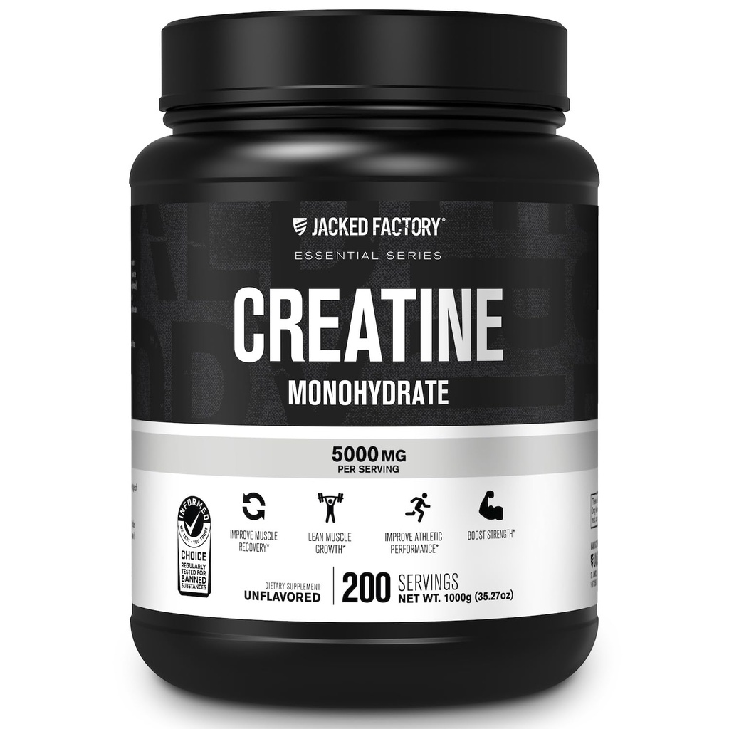 Jacked 공장 크레아틴 Monohydrate 분말 1000g - 남자와 여자를 위한 5g 매일 크레아틴 보충교재, Vegan-Friendly, 제 3 자 시험되는 - 200의 서빙, 불발한
