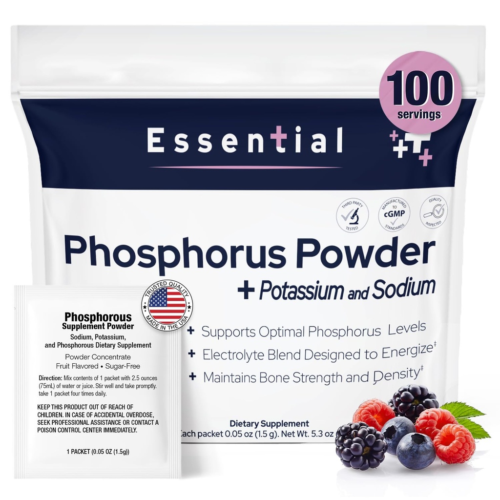 Phosphorus는 100 Packets를 보충하고, 규정식은 나트륨 Phosphate와 칼륨 Phosphate와 분말을 보충하고, 과일은 Electrolyte, Bone 건강 & Kidney 건강을 위한 Phosphorous 보충교재 분말을 맛을 냈습니다