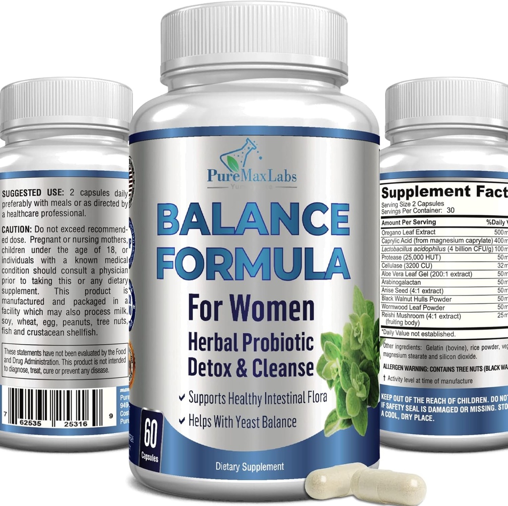 여성을위한 균형 복합체 - 질 건강, 초본 Detox & Cleanse, 질 Probiotics, 건강한 Intestinal Flora, Yeast Infections 60 캡슐과 도움