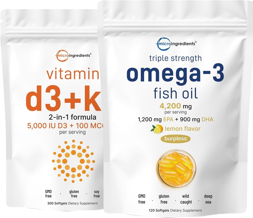 마이크로 성분 비타민 D3 5,000iu + K2 100mcg Softgels & Omega-3 물고기 기름 120 Softgels 뭉치 2 팩 | 근본적인 선샤인 비타민 | 야생 잡힌 물고기, 레몬 맛, Burpless